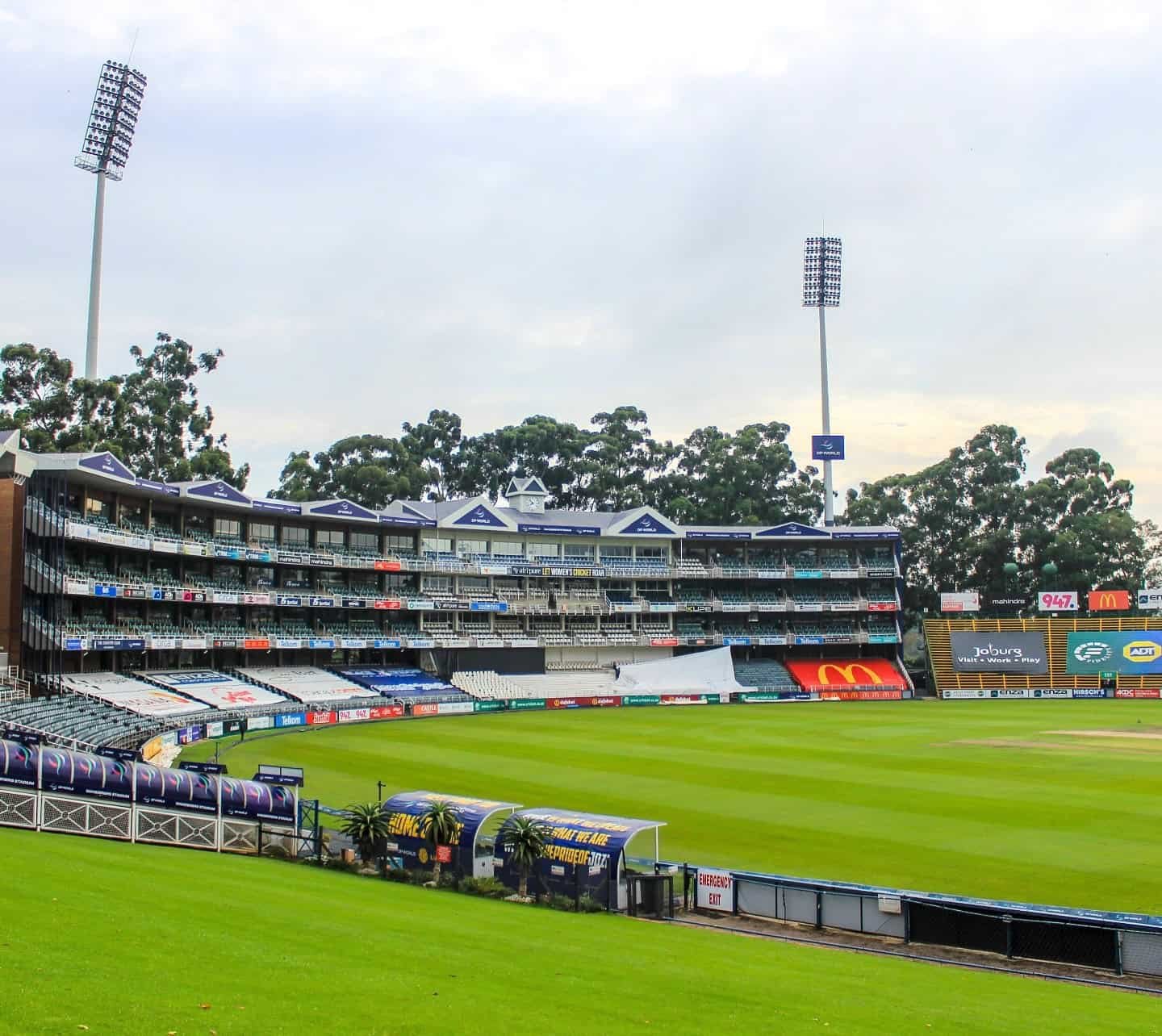 Wanderers Stadium in Johannesburg, showing the green outfield, pavilion seating and floodlight towers.