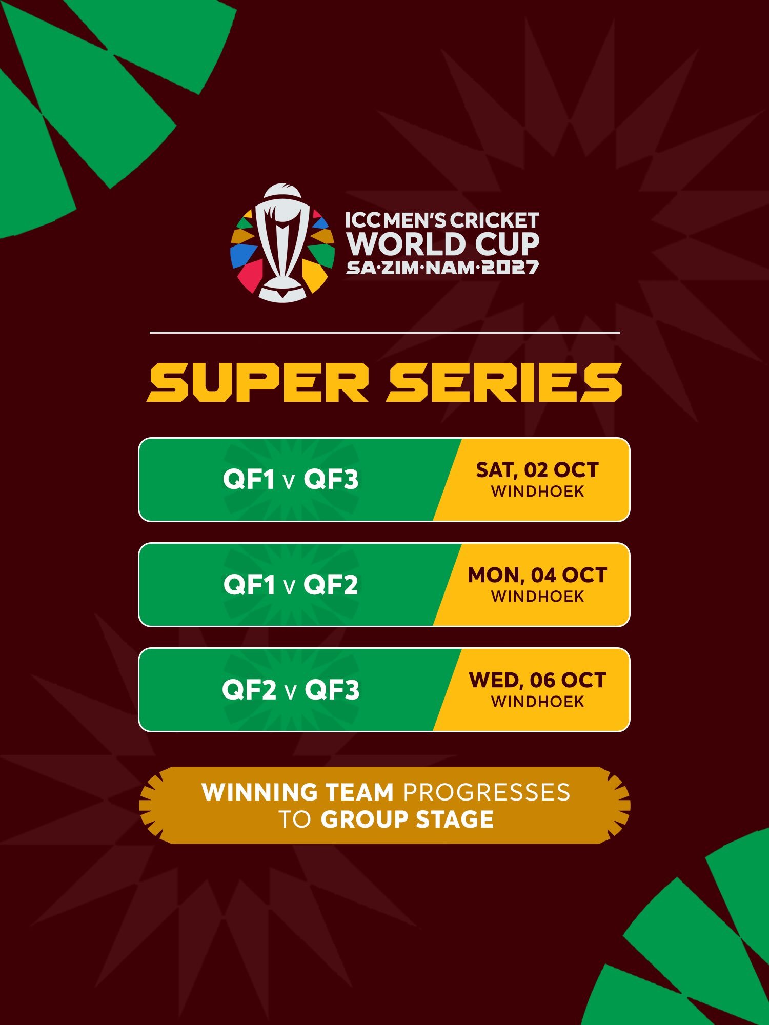 Super Series fixtures in Windhoek: QF1 vs QF3 on 2 October, QF1 vs QF2 on 4 October, and QF2 vs QF3 on 6 October 2027.