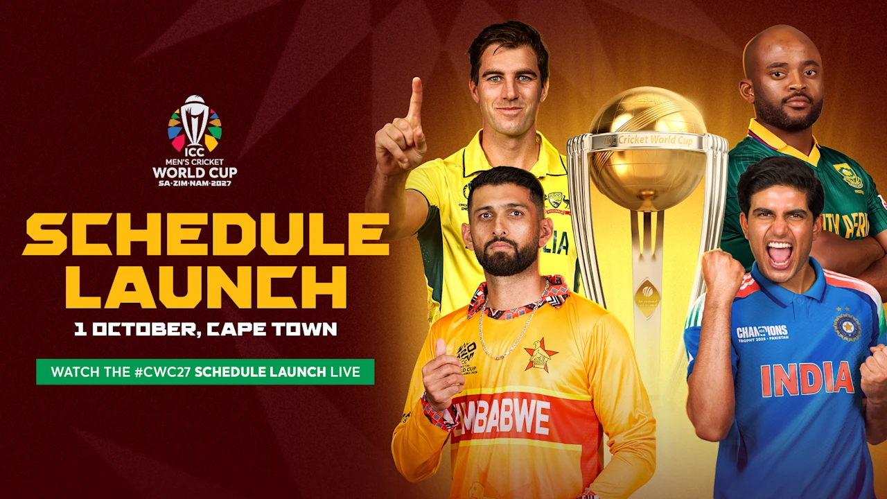 World Cup 2027 promotional artwork showing the cricket trophy beside players in Australia, Zimbabwe, South Africa and India jerseys.