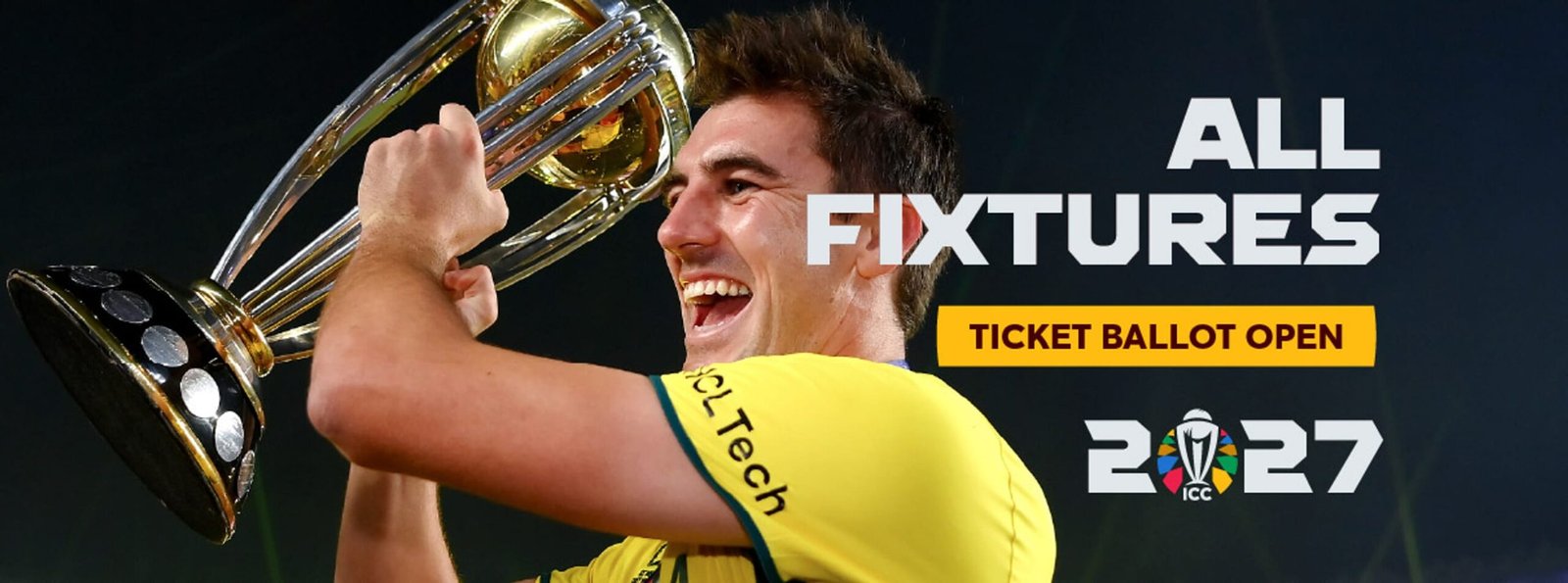 Pat Cummins lifts the Cricket World Cup trophy in a 2027 ticket-ballot promotional banner.